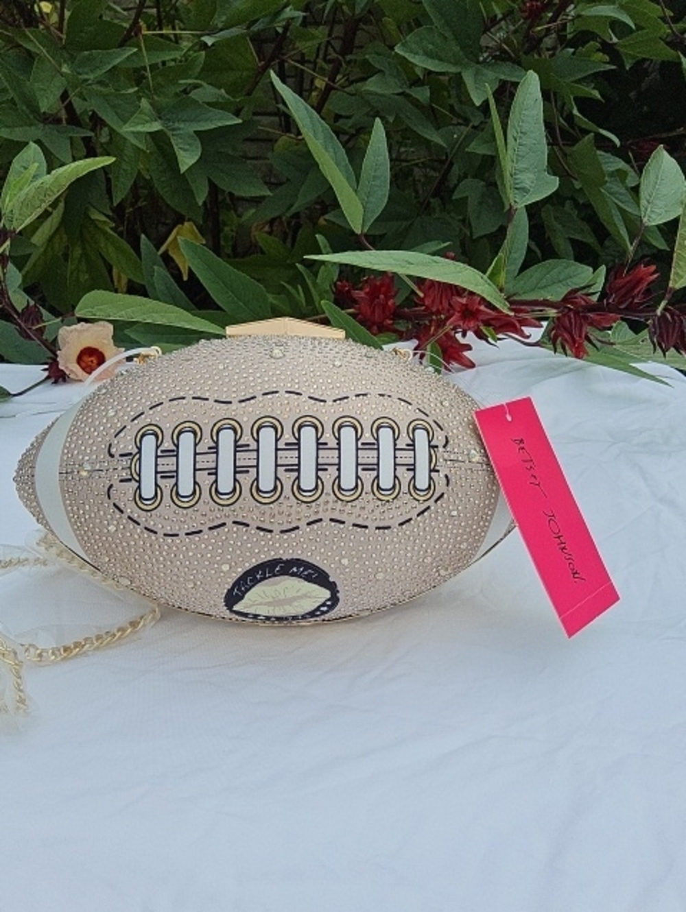 Betsey Johnson Beige Rhinestone Football Crossbody Clutch with Pink Tag